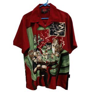VTG 90s Dragonfly Button Up Shirt Mens Medium Red Dogs Playing Poker Novelty